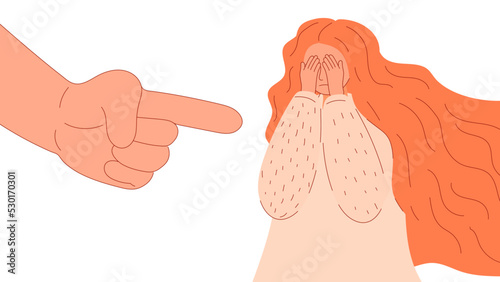 Huge pointer finger of man is showing on woman woman. Girl in despair and crying. NO to cruel treatment of women.