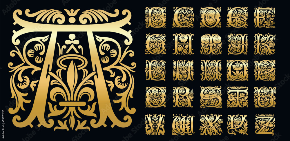 Vintage decorative font, golden letters, vector set decorative alphabet ...