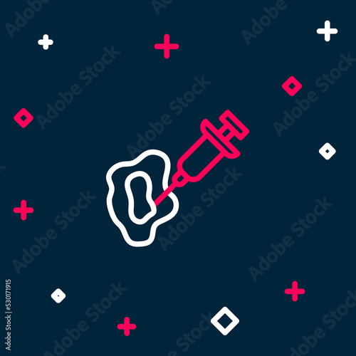 Line GMO syringe icon isolated on blue background. Genetically modified organism acronym. Dna food modification. Colorful outline concept. Vector
