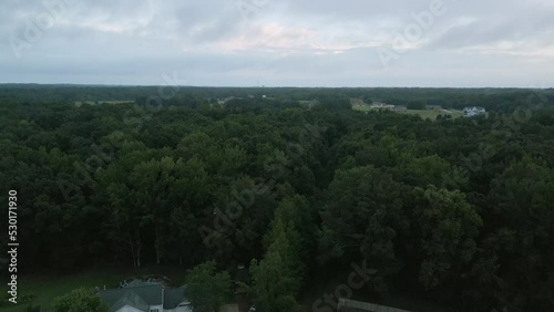 Drone in nature flying over a beautiful forest of trees.