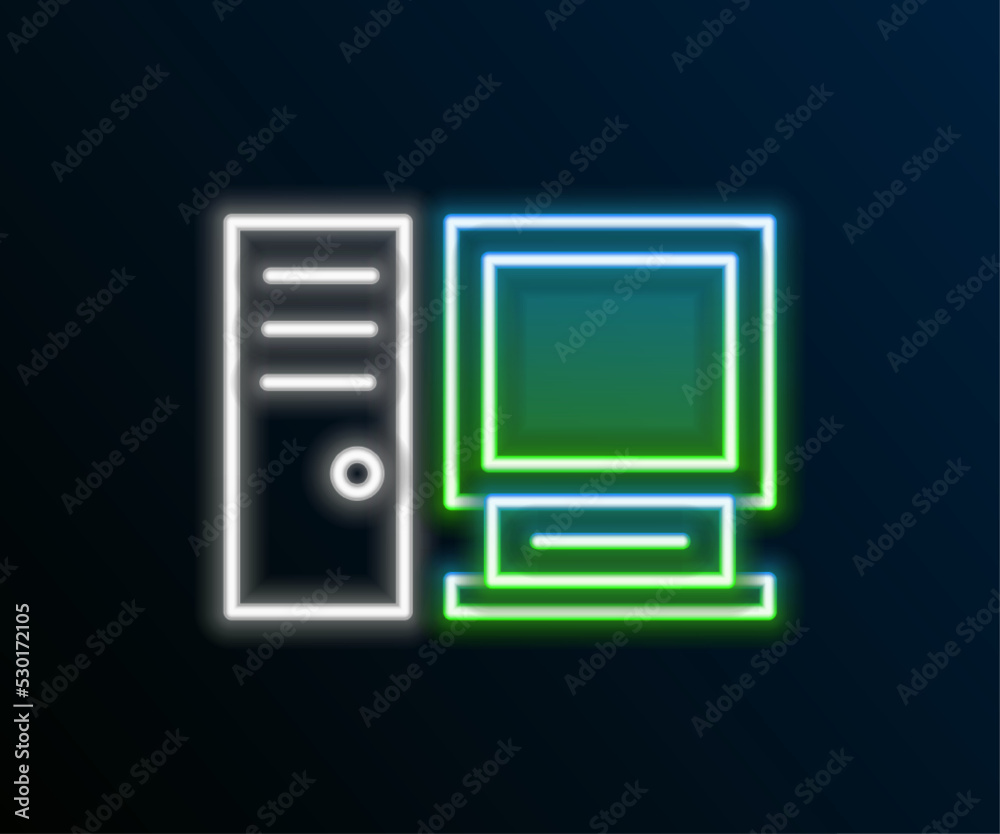 Glowing neon line Computer monitor icon isolated on black background. PC component sign. Colorful outline concept. Vector Glowing neon line Computer monitor icon isolated on black background. PC component sign. Colorful outline concept. Vector
