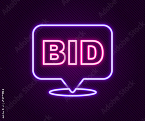 Glowing neon line Bid icon isolated on black background. Auction bidding. Sale and buyers. Colorful outline concept. Vector © Kostiantyn