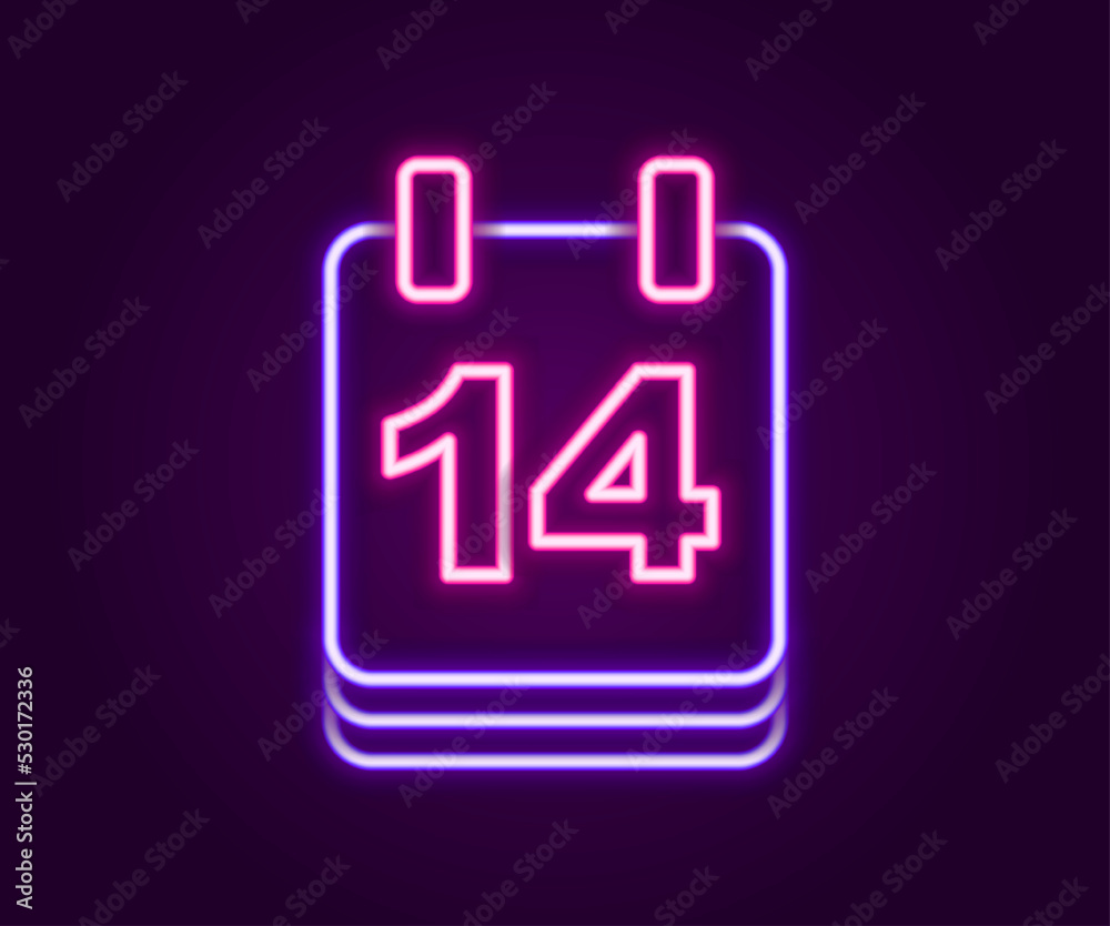 Glowing neon line Calendar with February 14 icon isolated on black background. Valentines day. Love symbol. Colorful outline concept. Vector Glowing neon line Calendar with February 14 icon isolated on black background. Valentines day. Love symbol. Colorful outline concept. Vector
