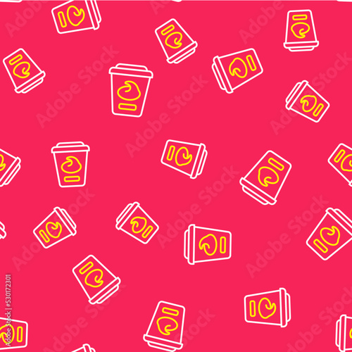 Line Yogurt container icon isolated seamless pattern on red background. Yogurt in plastic cup. Vector