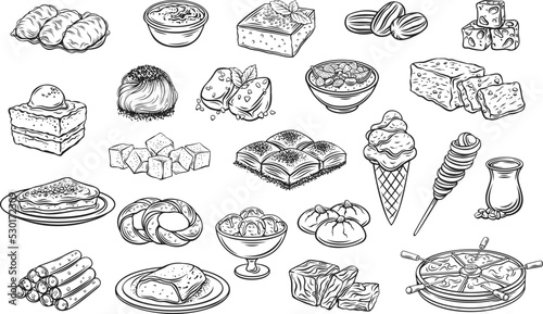 Turkish sweet food and drink, desserts set of Ottoman cuisine vector illustration. Oriental traditional bakery collection with baklava, bagel simit and bread, pudding and candy, pistachio halva