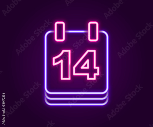 Glowing neon line Calendar with February 14 icon isolated on black background. Valentines day. Love symbol. Colorful outline concept. Vector