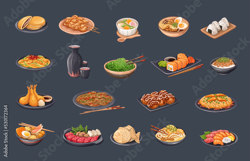 Japanese cuisine set, Asian food vector illustration. Collection of restaurant lunch menu from Japan. Cartoon isolated sushi and rolls, wooden chopsticks and bowls with cooked ramen and udon noodle.