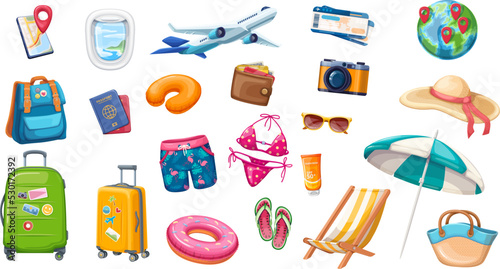 Travel vacation on summer beach set vector illustration. Cartoon isolated collection for holiday on tropical island summertime, beach umbrella, sunglasses and sunscreen, tourists swimsuit and suitcase