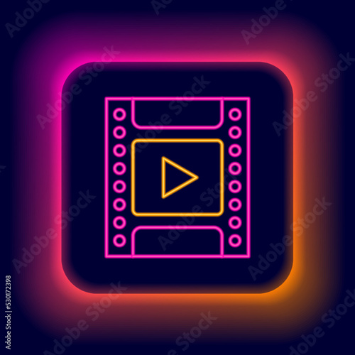 Glowing neon line Camera vintage film roll cartridge icon isolated on black background. 35mm film canister. Filmstrip photographer equipment. Colorful outline concept. Vector