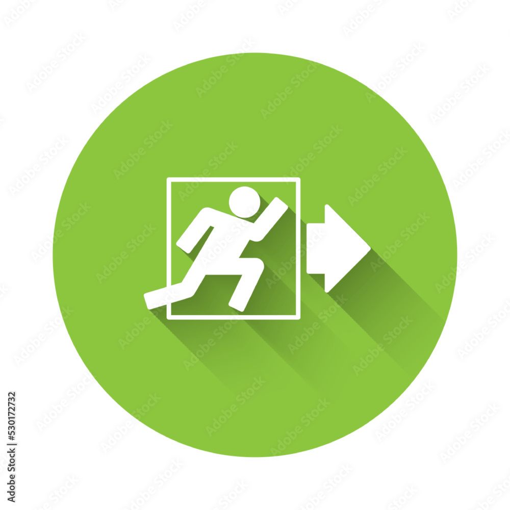 White Fire exit icon isolated with long shadow background. Fire emergency icon. Green circle button. Vector White Fire exit icon isolated with long shadow background. Fire emergency icon. Green circle button. Vector