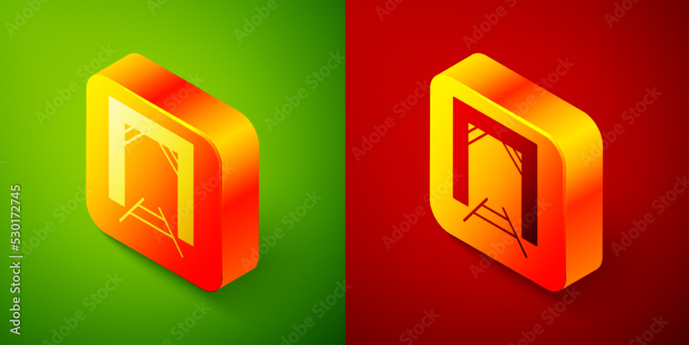 Isometric Mine entrance icon isolated on green and red background. Square button. Vector