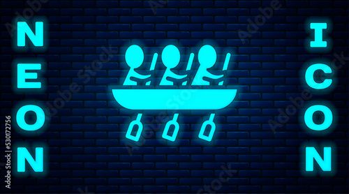 Glowing neon Canoe rowing team sports icon isolated on brick wall background. Three athletes with oars rowing in boat. Teamwork concept. Vector
