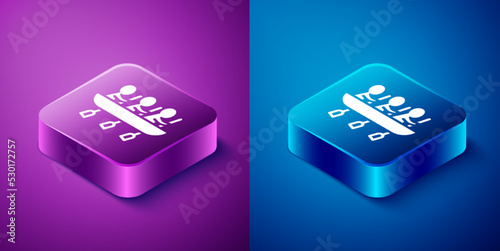 Isometric Canoe rowing team sports icon isolated on blue and purple background. Three athletes with oars rowing in boat. Teamwork concept. Square button. Vector