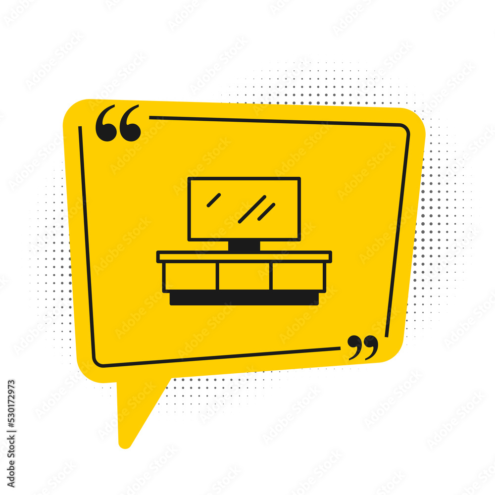Black TV table stand icon isolated on white background. Yellow speech bubble symbol. Vector