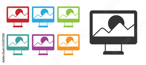 Black Photo retouching icon isolated on white background. Photographer, photography, retouch icon. Set icons colorful. Vector
