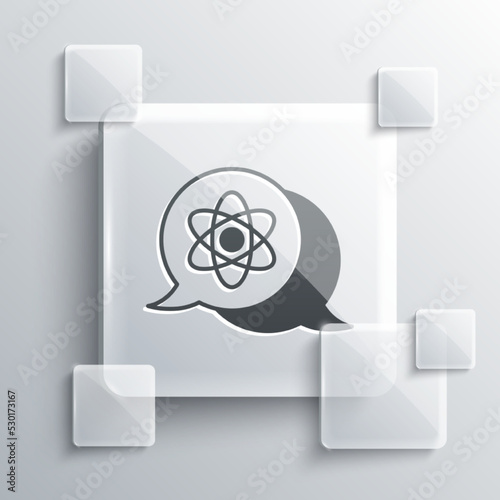 Grey Atom icon isolated on grey background. Symbol of science, education, nuclear physics, scientific research. Square glass panels. Vector