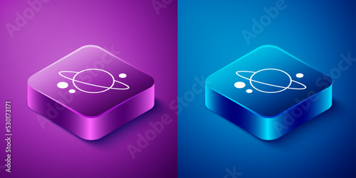 Isometric Planet Saturn with planetary ring system icon isolated on blue and purple background. Square button. Vector