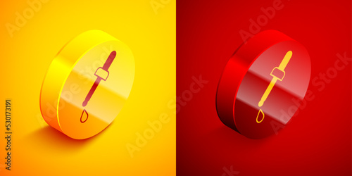 Isometric Pipette icon isolated on orange and red background. Element of medical, chemistry lab equipment. Medicine symbol. Circle button. Vector © Kostiantyn