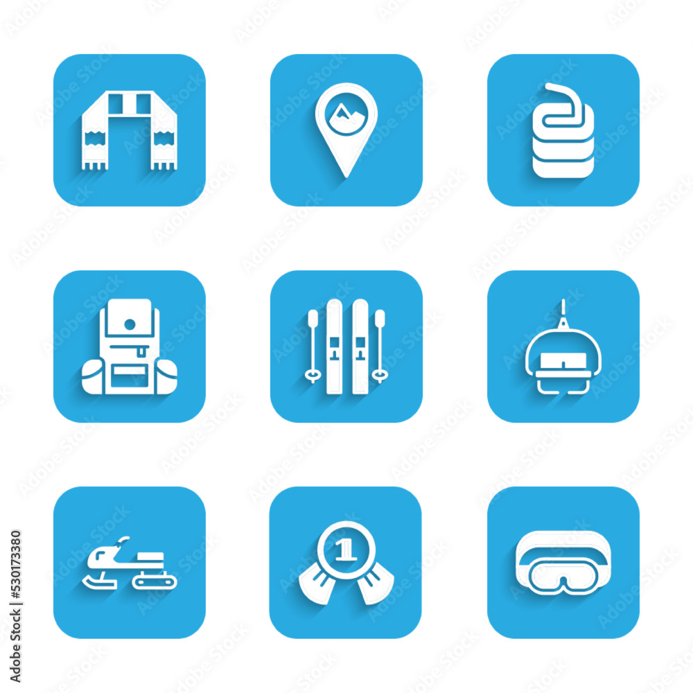 Set Ski and sticks, Medal, goggles, lift, Snowmobile, Hiking backpack, Stone for curling and Winter scarf icon. Vector Set Ski and sticks, Medal, goggles, lift, Snowmobile, Hiking backpack, Stone for curling and Winter scarf icon. Vector
