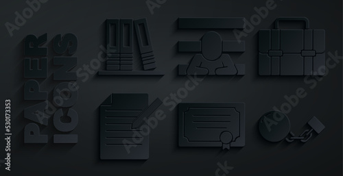 Set Certificate template, Briefcase, Document and pen, Ball on chain, Prisoner and Office folders icon. Vector