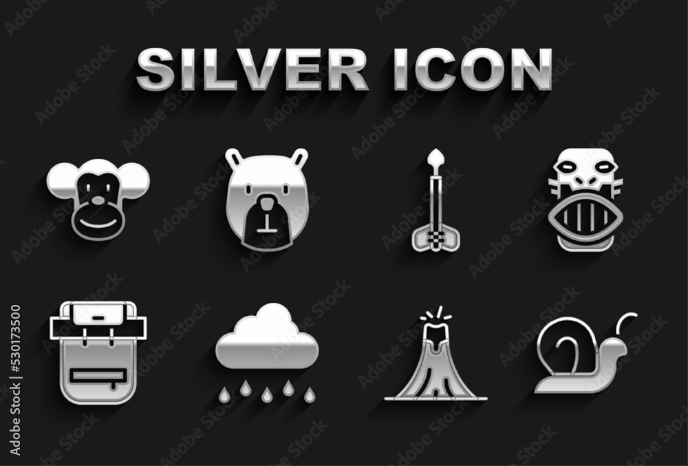 Set Cloud with rain, Mexican mayan or aztec mask, Snail, Volcano eruption, Hiking backpack, Arrow, Monkey and Bear head icon. Vector Set Cloud with rain, Mexican mayan or aztec mask, Snail, Volcano eruption, Hiking backpack, Arrow, Monkey and Bear head icon. Vector