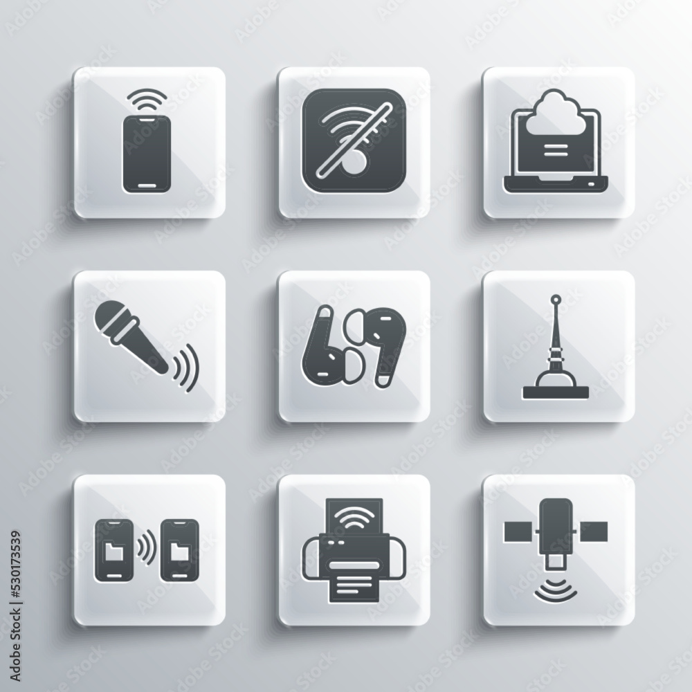 Set Smart printer system, Satellite, Antenna, Air headphones, Data transfer and storage, Wireless microphone, Mobile with wi-fi wireless and Network cloud connection icon. Vector Set Smart printer system, Satellite, Antenna, Air headphones, Data transfer and storage, Wireless microphone, Mobile with wi-fi wireless and Network cloud connection icon. Vector