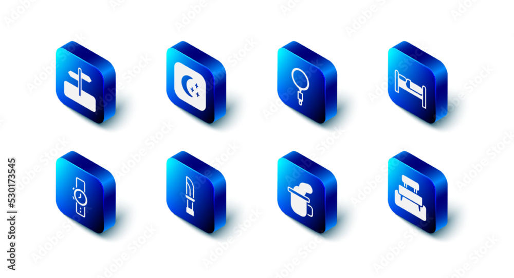 Set Moon and stars, Magnifying glass, Bed, Bench, Cup of tea, Knife, Wrist watch and Road traffic sign icon. Vector Set Moon and stars, Magnifying glass, Bed, Bench, Cup of tea, Knife, Wrist watch and Road traffic sign icon. Vector