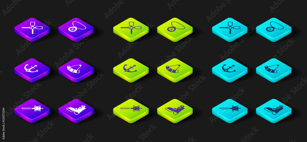 Set Mace with spikes, Ancient viking boots, Anchor, Hunting horn, Necklace gem and Oars paddles boat icon. Vector Set Mace with spikes, Ancient viking boots, Anchor, Hunting horn, Necklace gem and Oars paddles boat icon. Vector