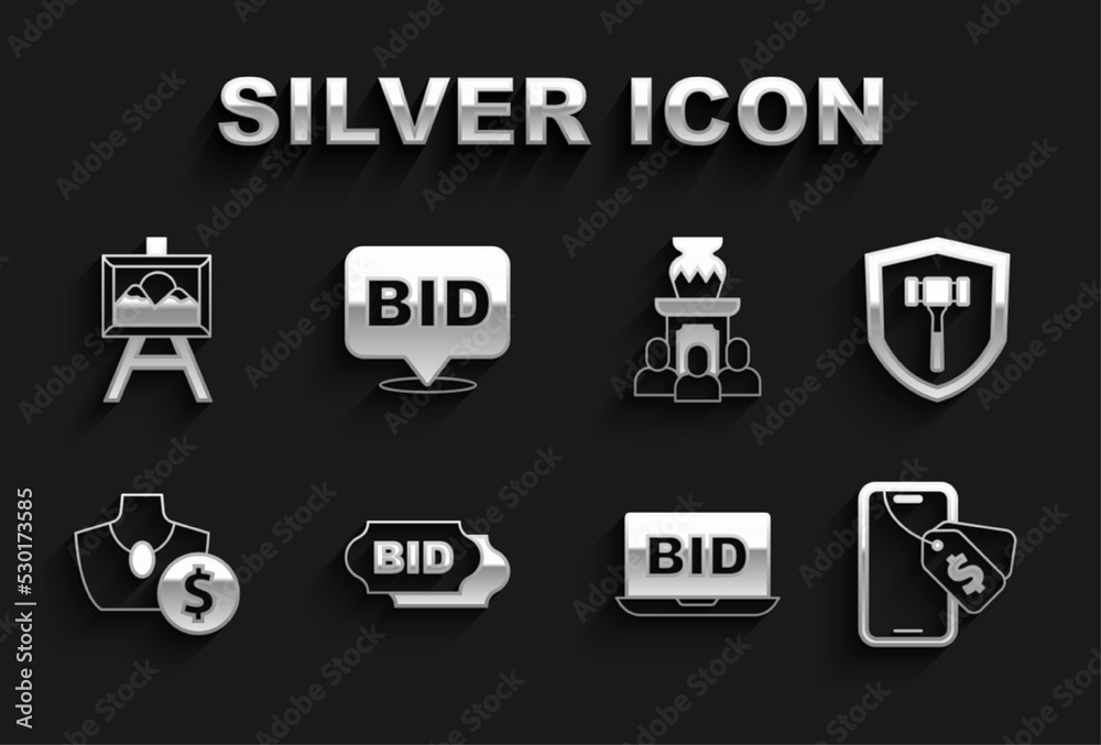 Set Bid, Auction hammer, Online auction, jewelry sale, ancient vase, painting and icon. Vector Set Bid, Auction hammer, Online auction, jewelry sale, ancient vase, painting and icon. Vector