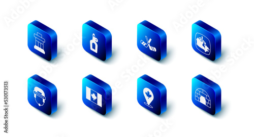 Set Bottle of maple syrup, Ice hockey sticks, Canada, Igloo ice house, Canadian leaf, Flag, Hockey helmet and Inukshuk icon. Vector
