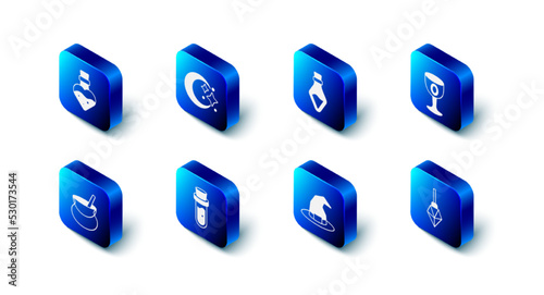 Set Moon and stars, Bottle with potion, Medieval goblet, Magic stone, Witch hat, cauldron and icon. Vector