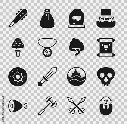 Set Viking head, Skull, Decree, parchment, scroll, Magic rune, Necklace with gem, Mushroom, Mace spikes and Cloud and lightning icon. Vector