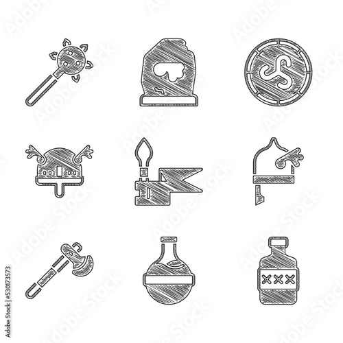 Set Medieval spear, Bottle with potion, Whiskey bottle, Viking in horned helmet, Wooden axe, Shield viking and Mace spikes icon. Vector