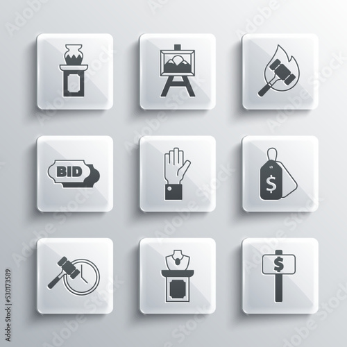Set Auction jewelry sale, Hand holding auction paddle, Price tag with Sale, hammer, Bid, ancient vase and icon. Vector