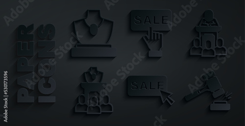 Set Price tag with Sale, Auction auctioneer sells, jewelry sale, hammer, and icon. Vector