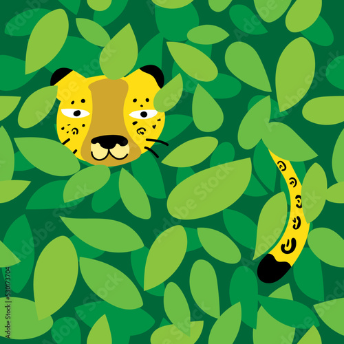 
Jaguar pattern hidden among leaves, cartoon style, for printing, decoration, background, textiles.
