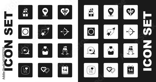 Set Candy in heart shaped box, Amour with arrow, Condom package, Gift hearts, Bow, Location, Glass of champagne and Speech bubble text I love you icon. Vector