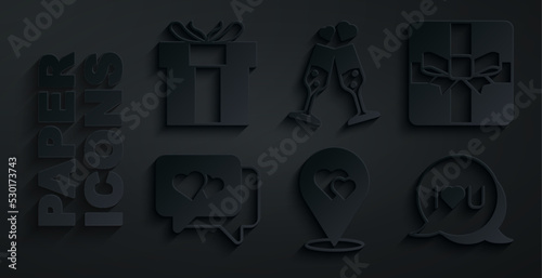 Set Location with heart, Gift box, Heart in speech bubble, Speech text I love you, Glass of champagne and icon. Vector