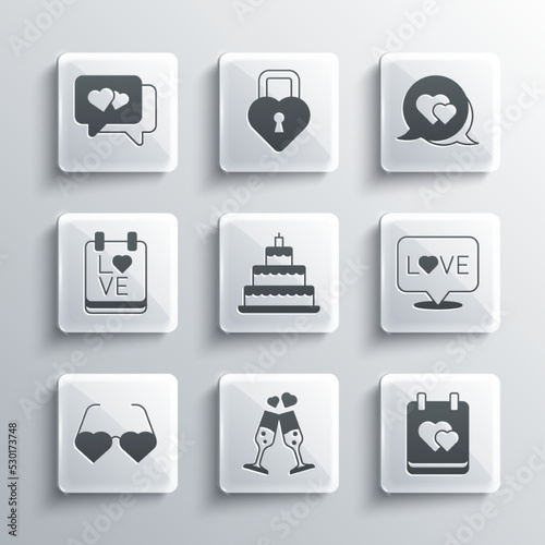 Set Glass of champagne, Calendar with heart, Love text, Wedding cake, Heart shaped love glasses, February 14, speech bubble and icon. Vector