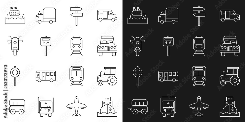 Set line Cargo ship, Tractor, Road traffic signpost, Scooter, Cruise and Train and railway icon. Vector