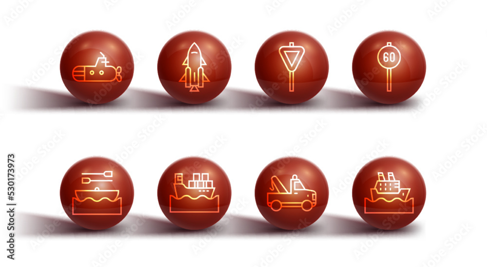 Set line Submarine, Boat with oars, Speed limit traffic, Tow truck, Cargo ship boxes, Rocket fire, Cruise and Road signpost icon. Vector Set line Submarine, Boat with oars, Speed limit traffic, Tow truck, Cargo ship boxes, Rocket fire, Cruise and Road signpost icon. Vector