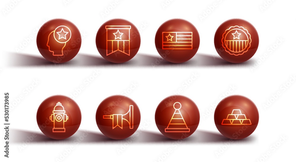Set line USA Head, Fire hydrant, Medal with star, Party hat, Trumpet, American flag, Gold bars and icon. Vector Set line USA Head, Fire hydrant, Medal with star, Party hat, Trumpet, American flag, Gold bars and icon. Vector