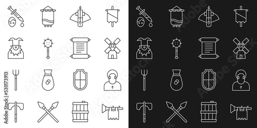 Set line Trumpet with flag, Monk, Windmill, Battle crossbow arrow, Medieval chained mace ball, Joker head, Sword blood and Decree, parchment, scroll icon. Vector