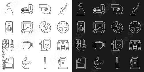 Set line Petrol or Gas station, Car wash, Steering wheel, Automotive turbocharger, Online car services, Gear shifter and brake disk with caliper icon. Vector