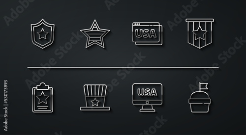 Set line Police badge, USA Independence day, American flag, on monitor, Patriotic top hat, Cake and browser icon. Vector