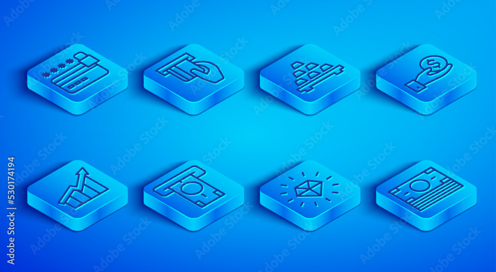 Set line Credit card with lock, inserted, Gold bars, ATM and money, Diamond, Hand giving, Financial growth increase and Stacks paper cash icon. Vector