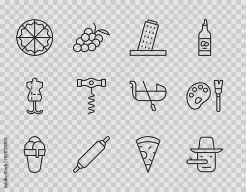 Set line Ice cream, Pinocchio, Tower Pisa, Rolling pin, Pizza, Wine corkscrew, Slice of pizza and Paint brush with palette icon. Vector