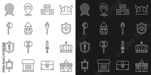 Set line Castle, fortress, King crown, Shield, tower, Medieval axe, Target with arrow and Torch flame icon. Vector