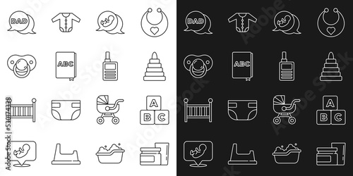 Set line Baby food, ABC blocks, Pyramid toy, book, dummy pacifier, Speech bubble dad and Monitor Walkie Talkie icon. Vector