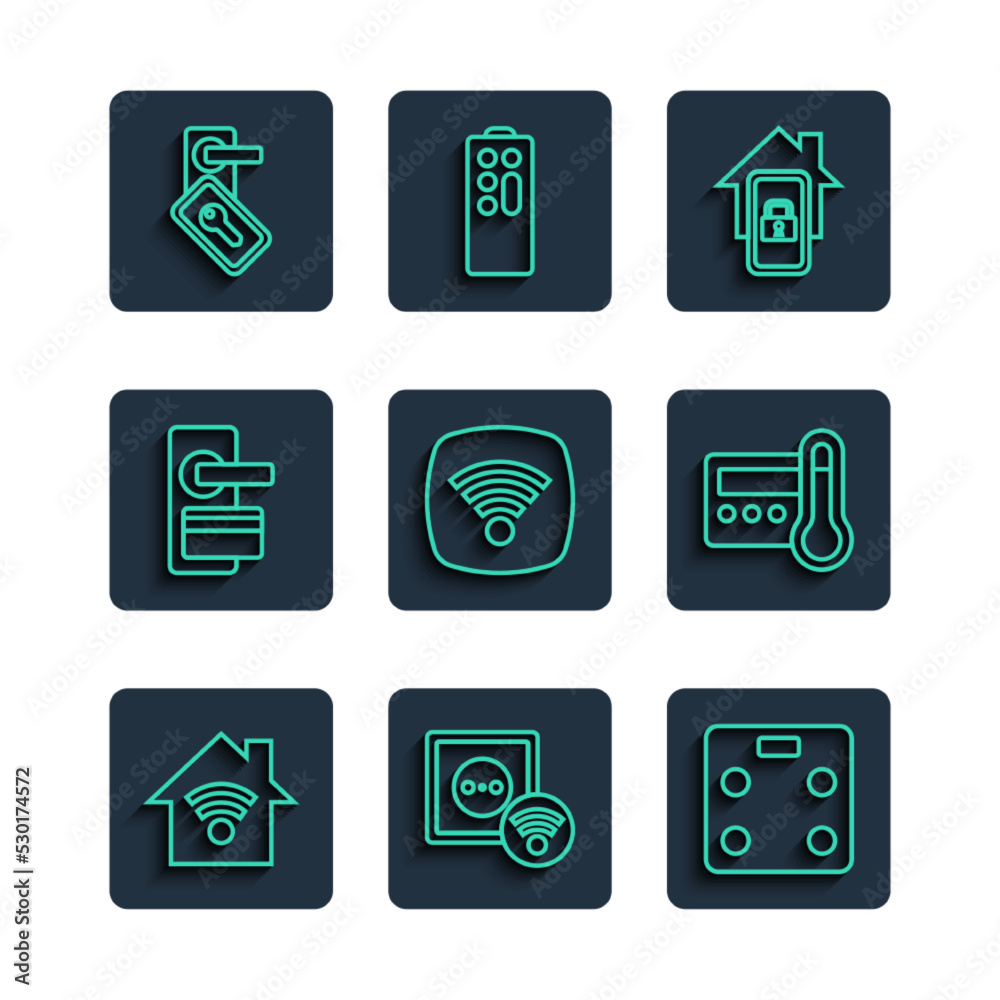 Set line Smart home with wi-fi, electrical outlet, bathroom scales, Mobile smart, Wi-Fi wireless internet network, Digital door lock, and Thermostat icon. Vector Set line Smart home with wi-fi, electrical outlet, bathroom scales, Mobile smart, Wi-Fi wireless internet network, Digital door lock, and Thermostat icon. Vector